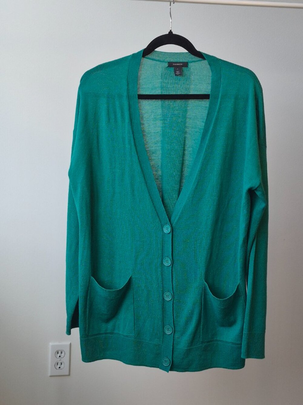 Halogen Women’s L Green Merino Wool Blend Long Cardigan Button Pocket